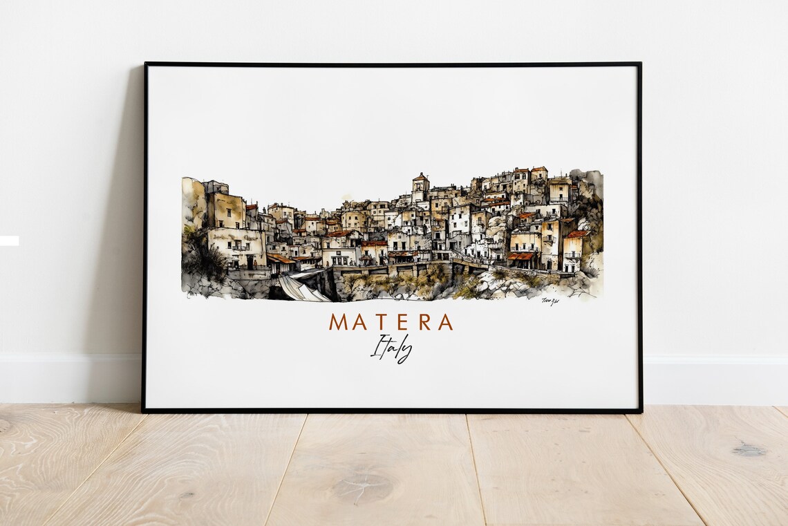 Matera Italy Hillside Stone Town Watercolor Ink Sketch Art Poster