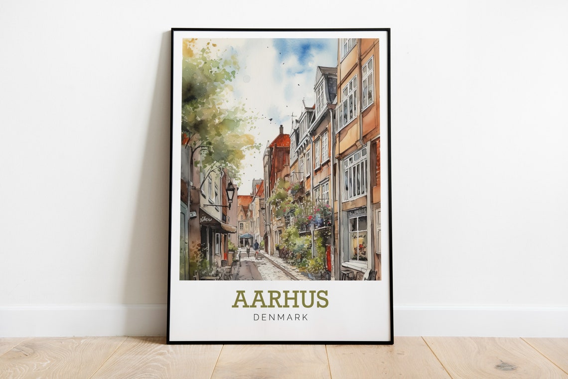 Aarhus Denmark Charming Old Street Watercolor Travel Art Poster
