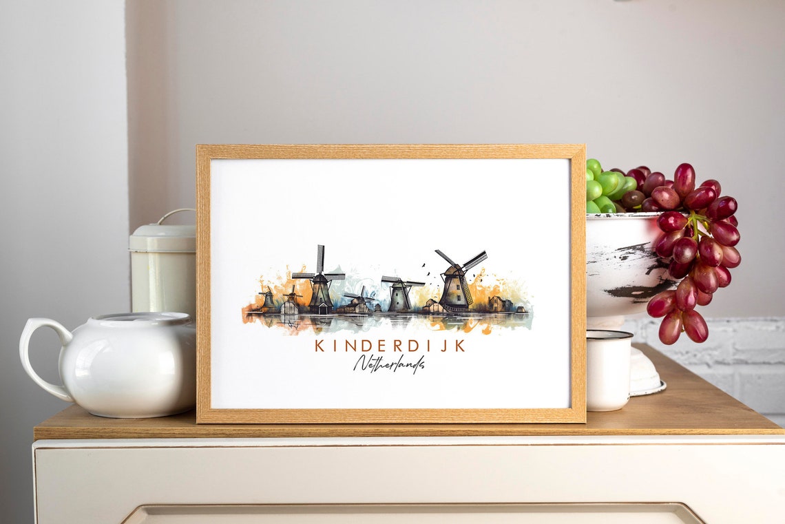 Kinderdijk Netherlands Windmills Reflection Ink Art Travel Poster - Image 3