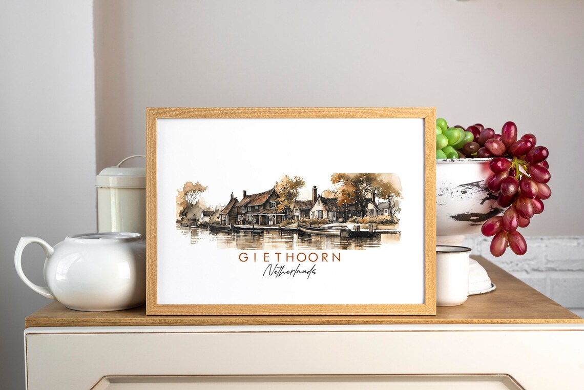 Giethoorn Netherlands Canal Village Autumn Ink Sketch Art Poster - Image 3