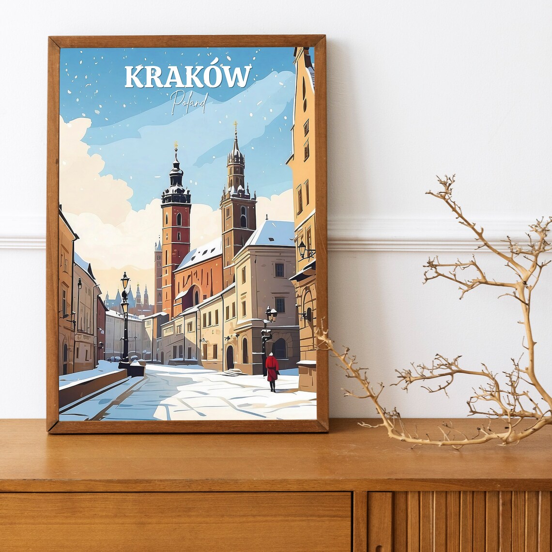 Krakow Poland Old Town Church Towers Snow Winter Travel Scene Poster - Image 3