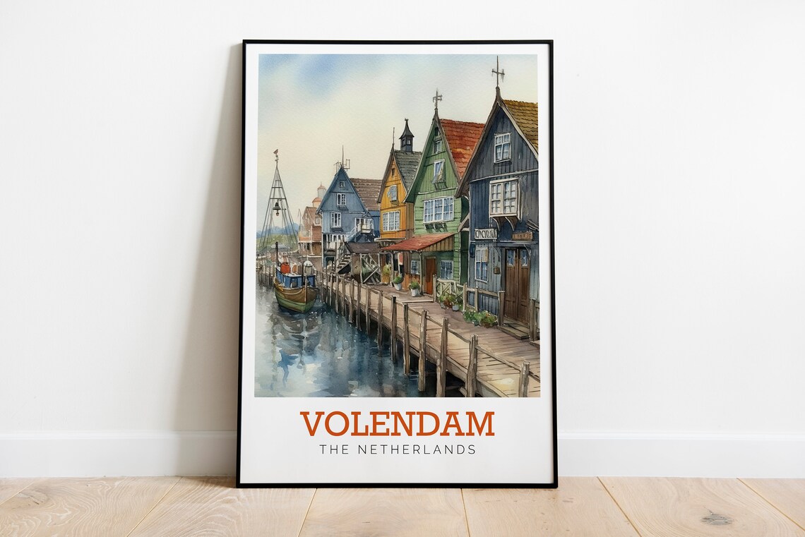 Volendam Netherlands Wooden Harbor Watercolor Art Travel Poster