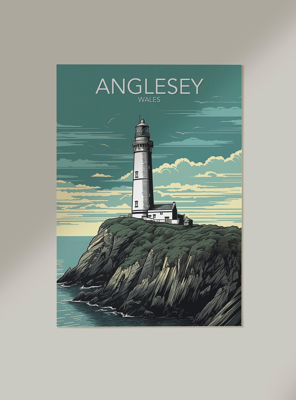 Anglesey Wales Lighthouse on Cliffs Coastal Vintage Style Art Poster - Image 2