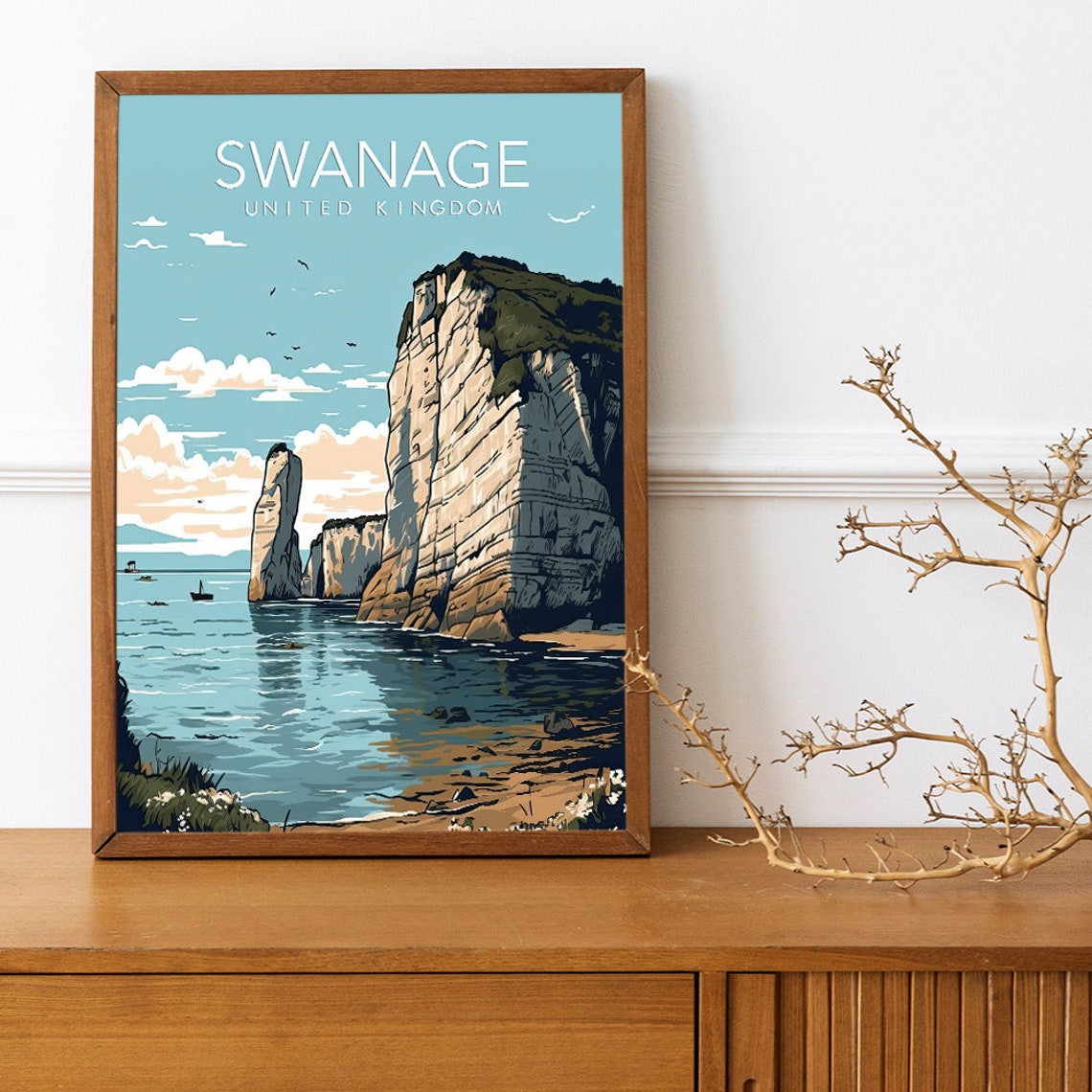 Swanage Old Harry Rocks Chalk Sea Stacks Coastal View Poster