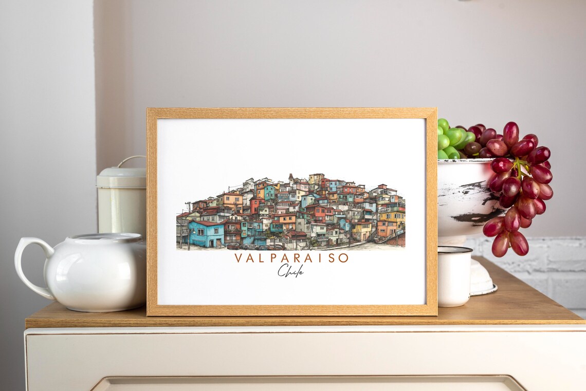 Valparaiso Chile Colorful Hillside Houses Ink Watercolor Poster - Image 3
