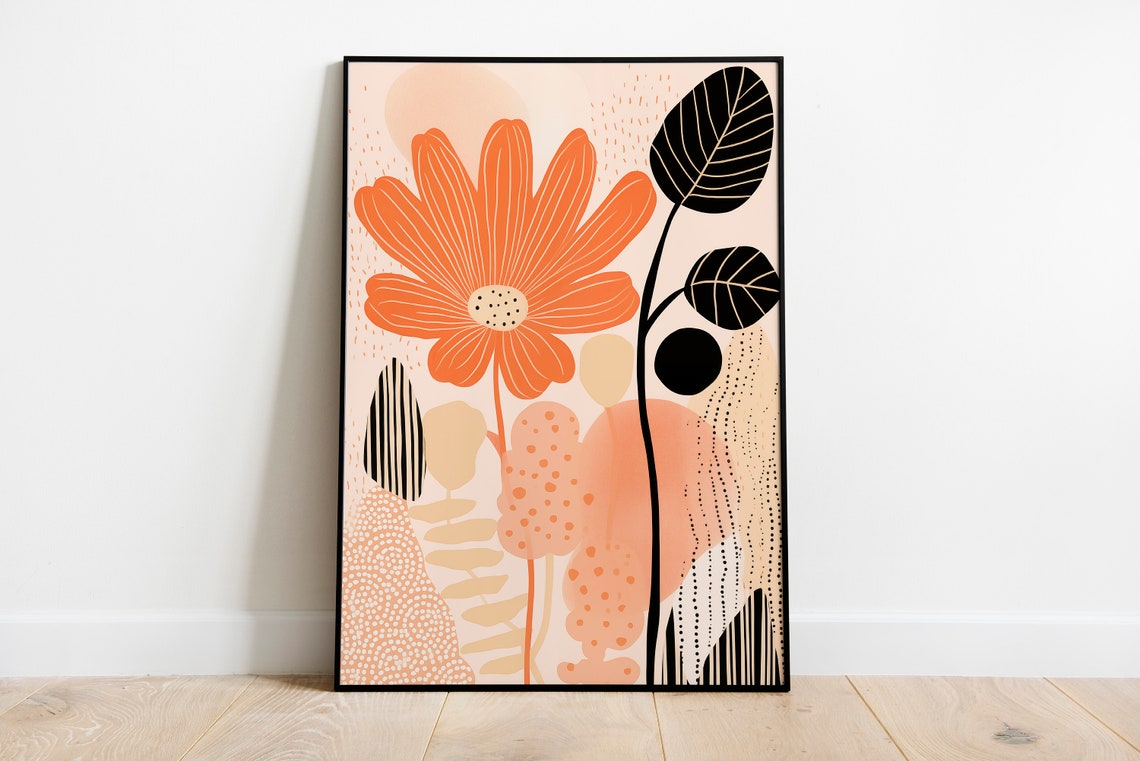 Boho Daisy Flower Abstract Orange Bloom Black Leaves Modern Art Poster - Image 2