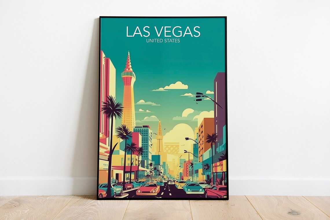 Las Vegas Nevada Retro Strip Skyline Sunset Scene Art Poster