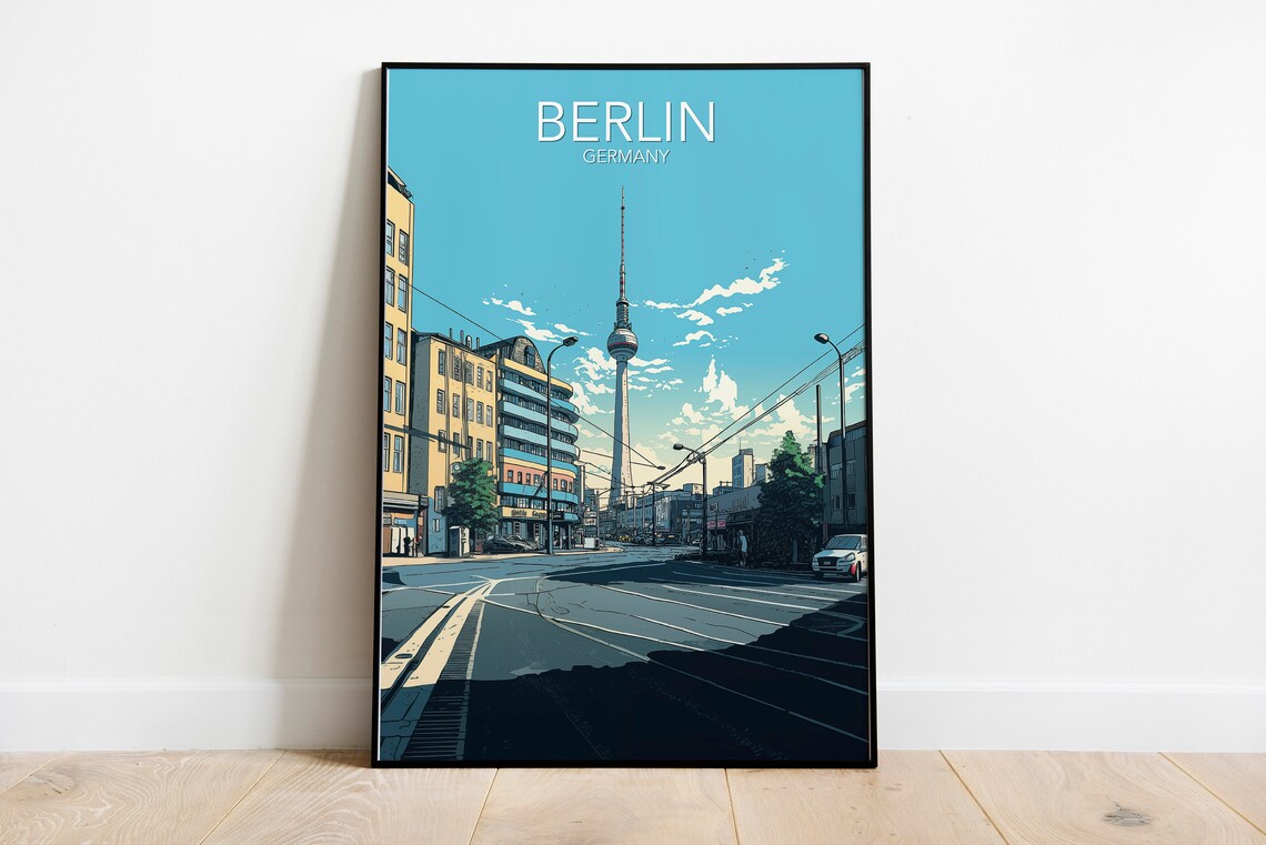 Berlin TV Tower Fernsehturm Street Scene Modern Travel Poster