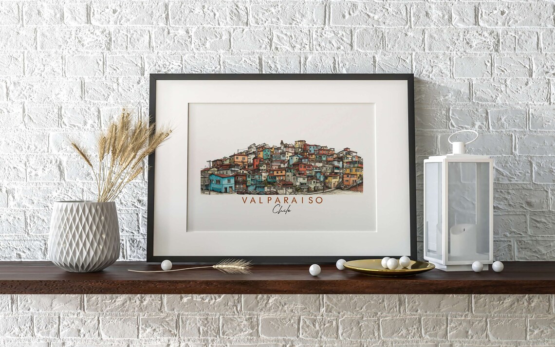 Valparaiso Chile Colorful Hillside Houses Ink Watercolor Poster - Image 2