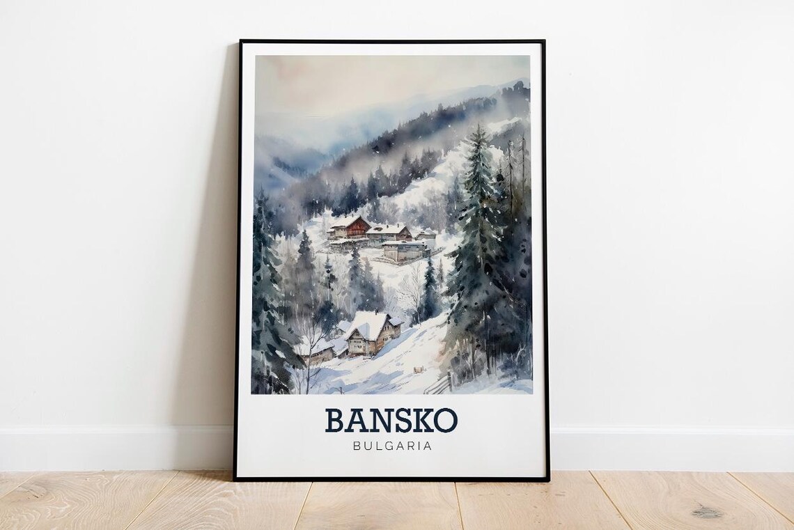 Bansko Bulgaria Snowy Mountain Village Watercolor Travel Poster