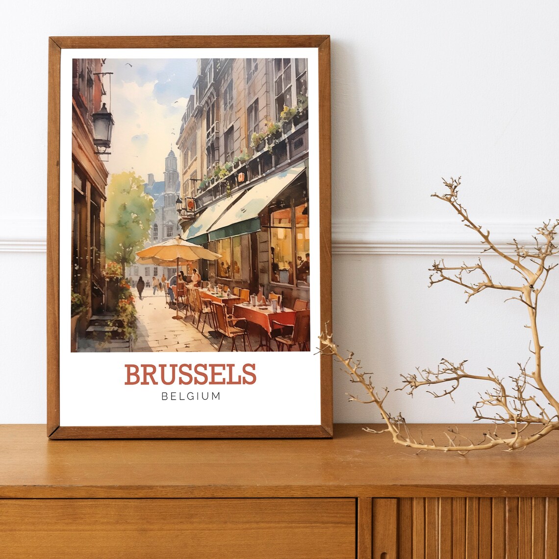 Brussels Belgium Sunny Cafe Terrace Watercolor Travel Art Poster