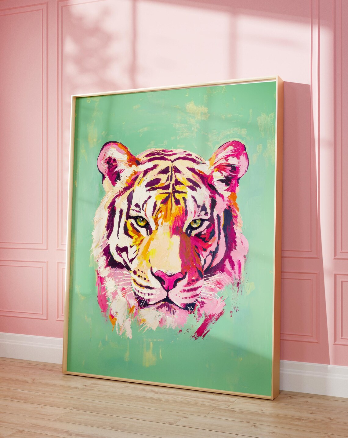 Pop Art Pink and Purple Tiger Face Portrait on Mint Green Poster