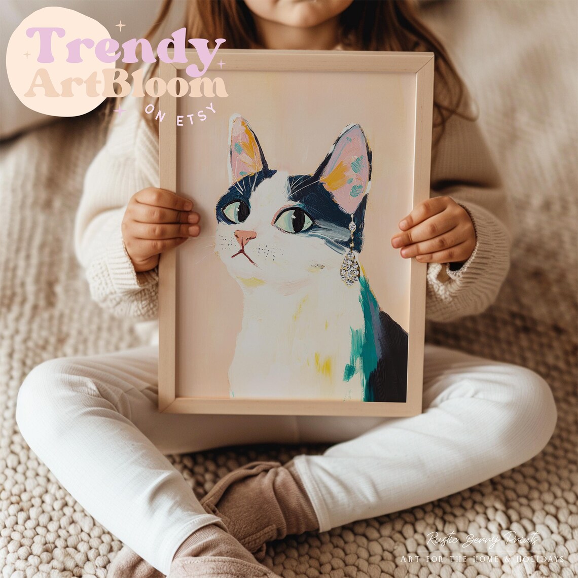 Charming Black and White Cat With Sparkling Crystal Earring Poster