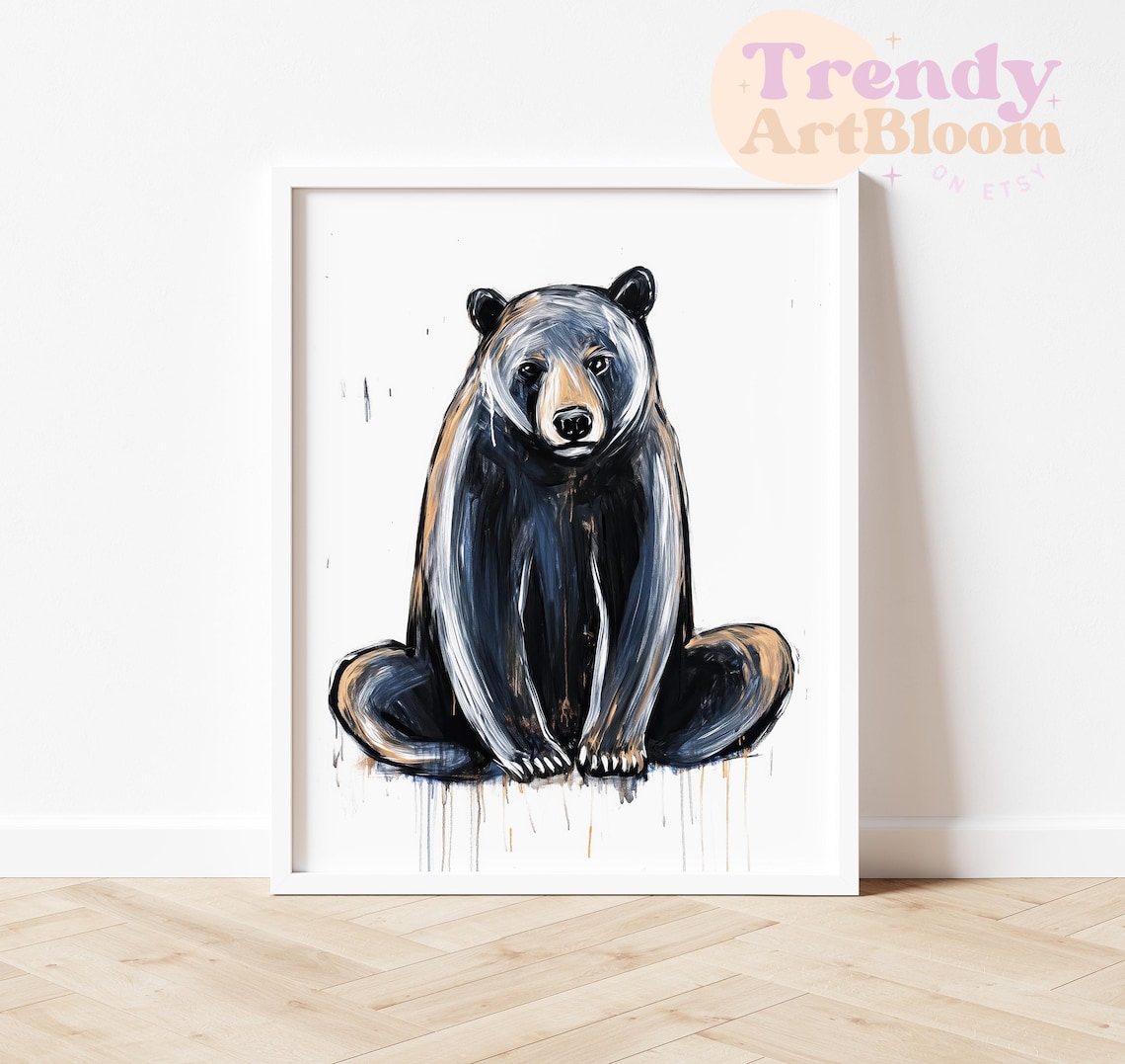 Seated Black Bear Ink Sketch on White Minimalist Background Poster - Image 5