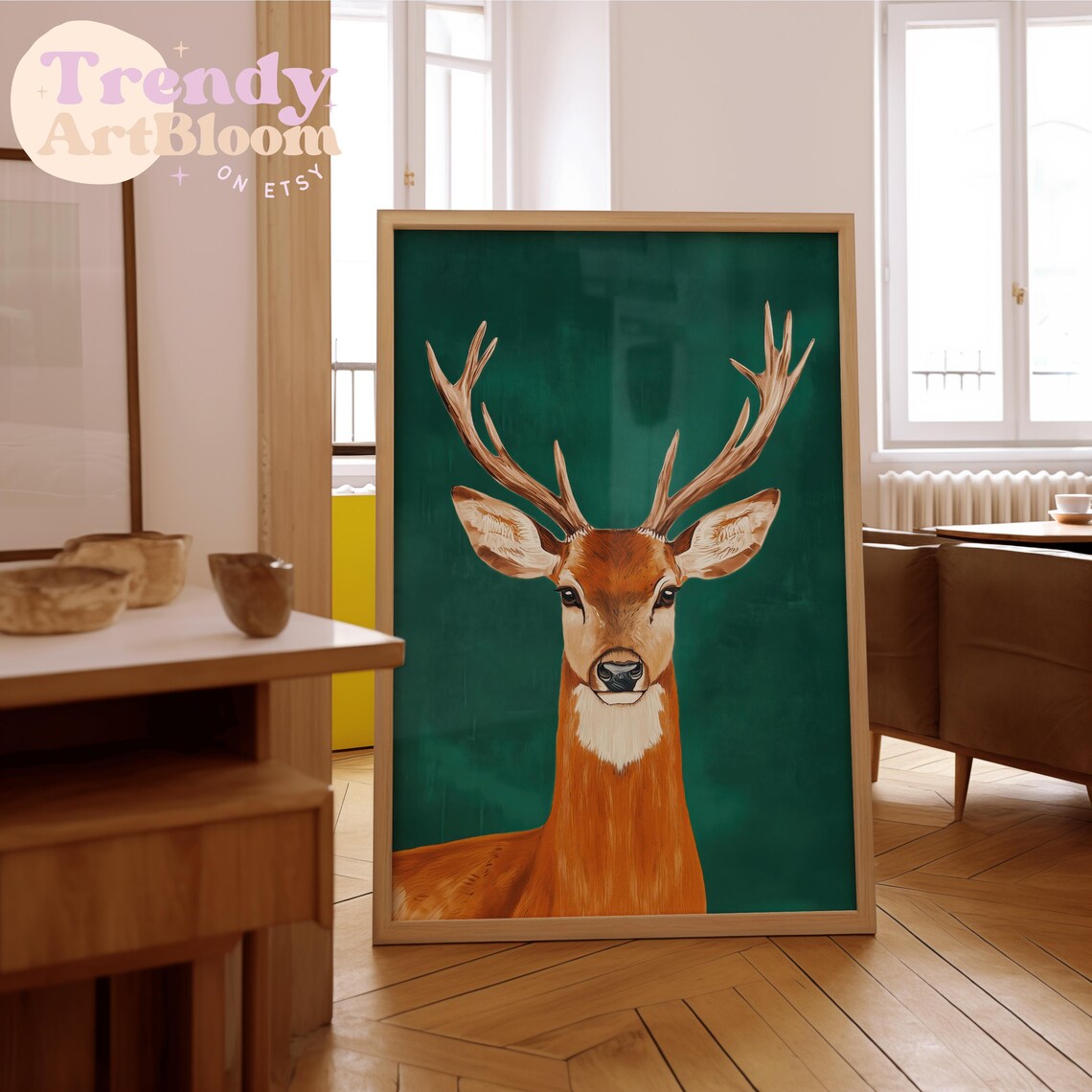 Majestic Stag With Antlers Emerald Green Background Wildlife Art Poster