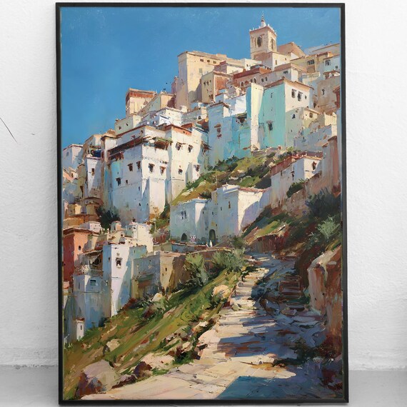 Algeria Casbah Hillside Houses Art Print North Africa Cityscape Wall Decor Algiers Painting Instant Travel
