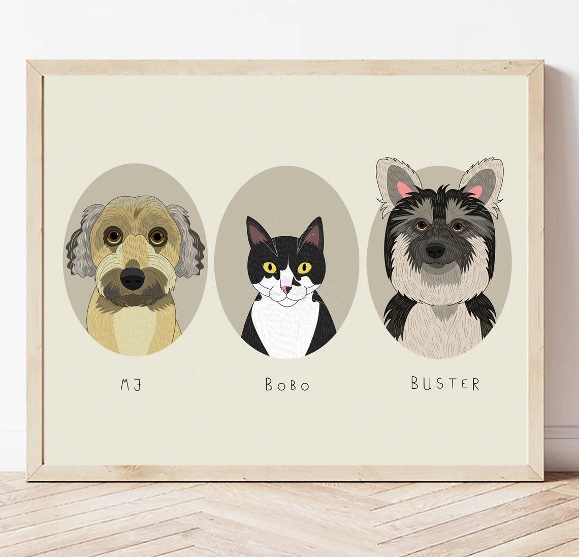 Personalized Three Pet Portrait in Oval Frames Custom Dog Cat Poster - Image 6