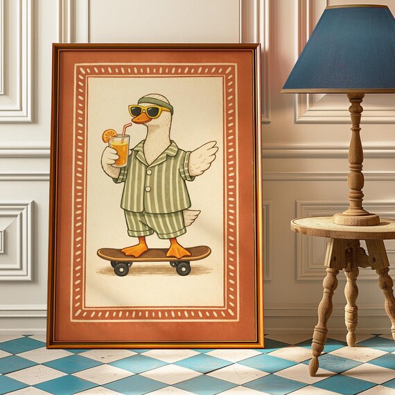 Silly Duck In Pajamas Drinking Juice Skateboard Funny Animal Art Poster