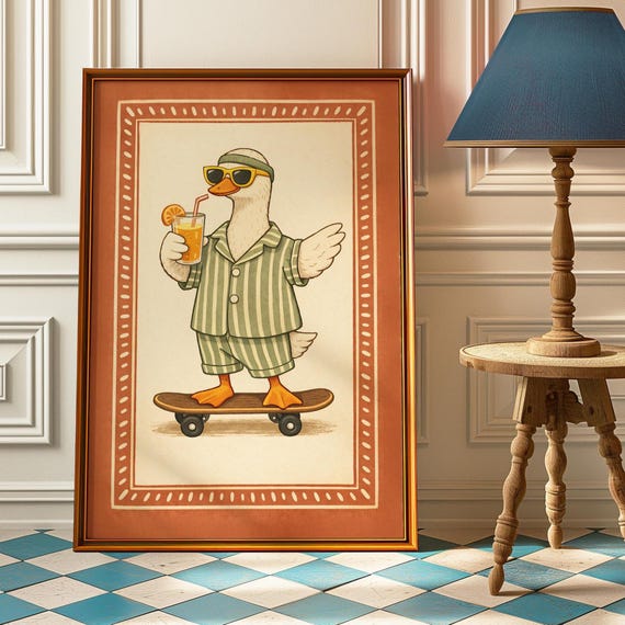 Silly Goose Pajama Wall Art Funny Poster Whimsical Nursery Decor Retro Kids Cute Animal Print Gift