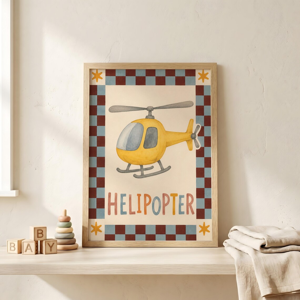 Helipopter Misspelled Helicopter Checkerboard Star Nursery Kids Print