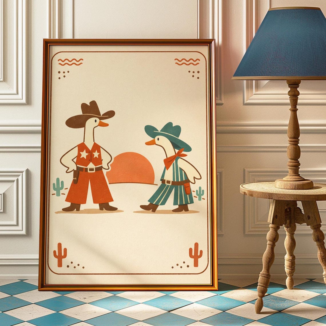 Silly Goose Cowboys Western Standoff Poster Funny Duck Sunset Nursery