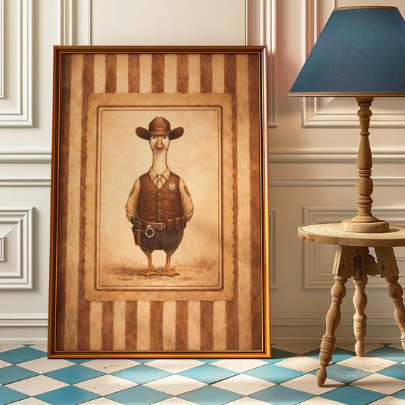 Silly Cowboy Goose Poster Vintage Sheriff Wall Art Print Rustic Western Nursery Decor Funny Policeman Farmhouse