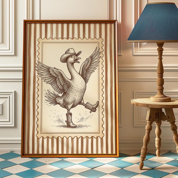 Silly Cowboy Goose Wall Art Print Funny Western Dancing Duck Poster Nursery Decor Rustic Vintage Artwork