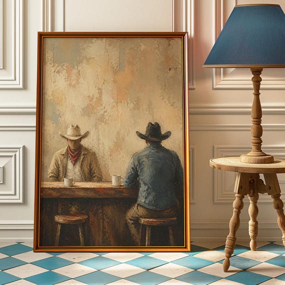 Two Cowboys Bar Poster Western Wall Art Vintage Saloon Print Cowboy Coffee Painting Rustic Mancave Decor Father Son Gift