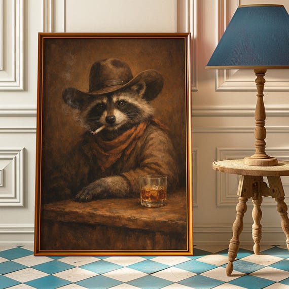 Smoking Raccoon Cowboy Wall Art Funny Western Animal Poster Dark Moody Bar Lounge Decor Vintage Whiskey Lover Gift Rustic Saloon Print