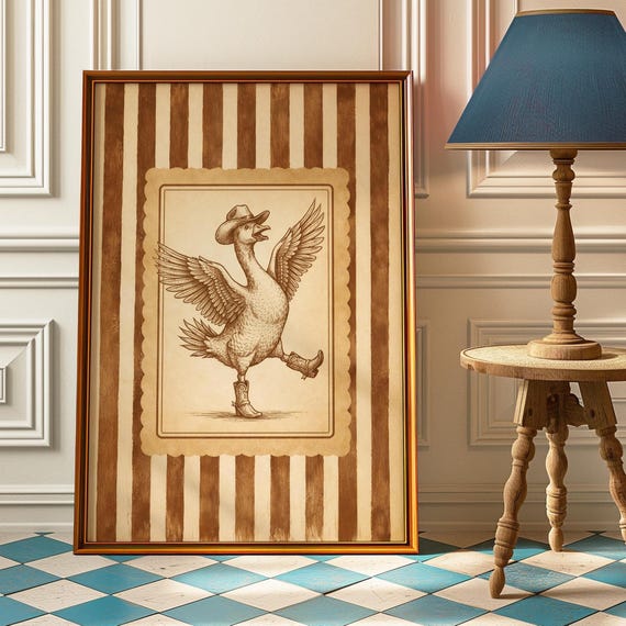 Silly Cowboy Goose Wall Art Print Funny Western Dancing Duck Poster Nursery Decor Rustic Vintage Artwork