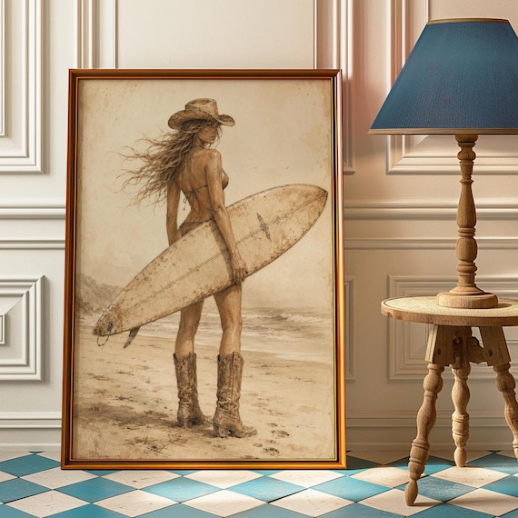 Beach Cowgirl Poster, Vintage Coastal Art Print