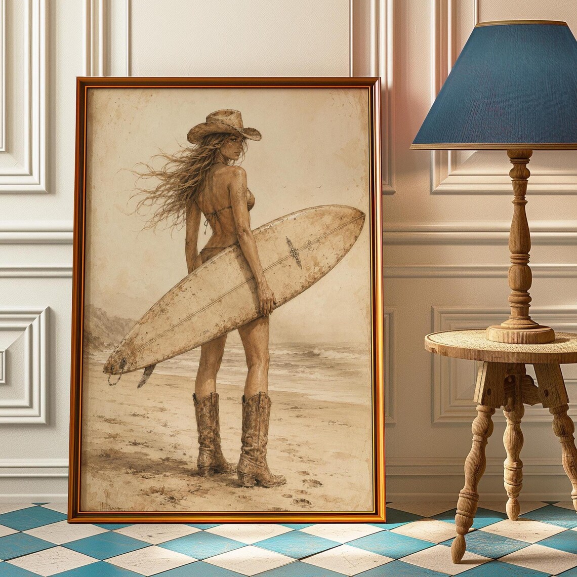 Beach Cowgirl Poster, Vintage Coastal Art Print
