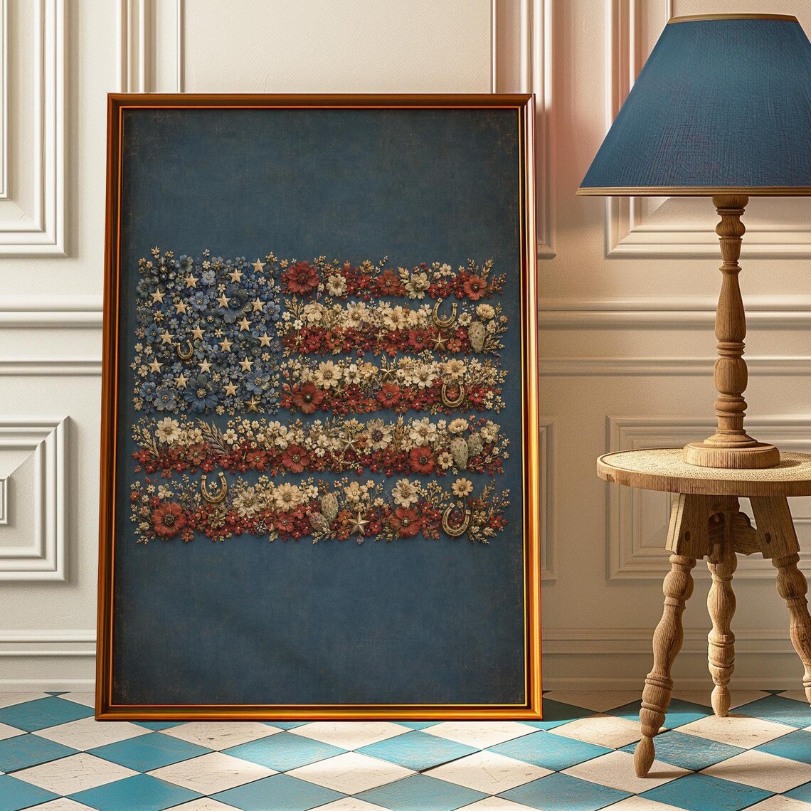 Vintage Embroidered American Flag Art Print, Rustic Americana