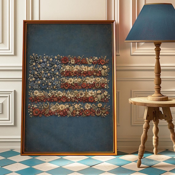 Vintage Embroidered American Flag Art Print, Rustic Americana
