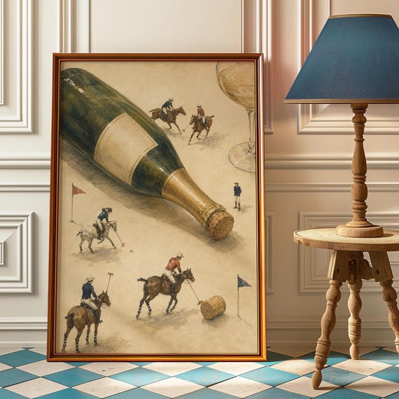 Surreal Polo Champagne Poster Framed Wall Art Vintage Watercolor Print Equestrian Decor Player Gift Preppy