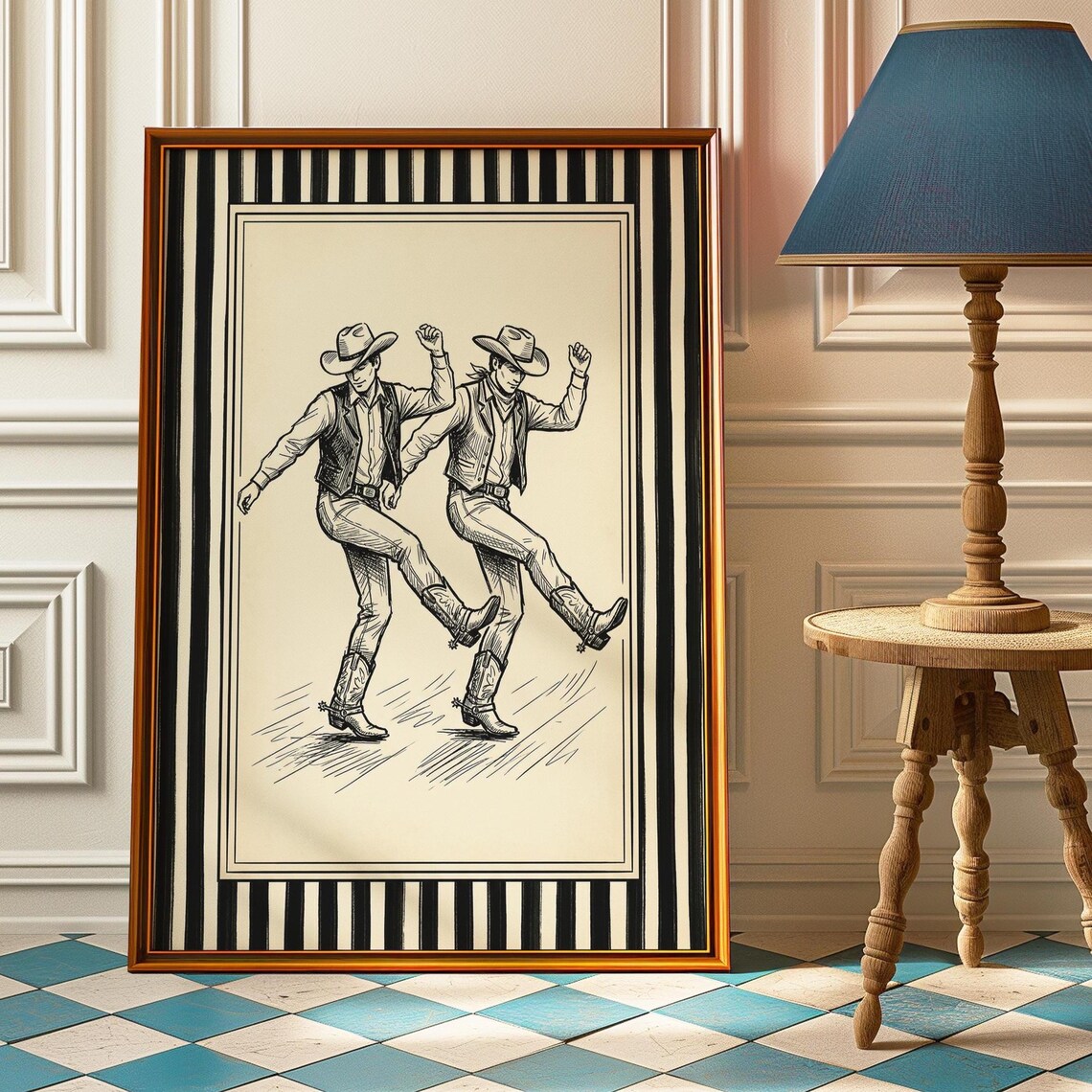 Line Dancing Cowboys Poster, Western Wall Art
