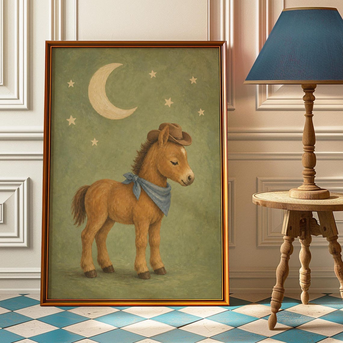 Cowboy Foal Nursery Moon Stars Blue Bandana Western Art Print