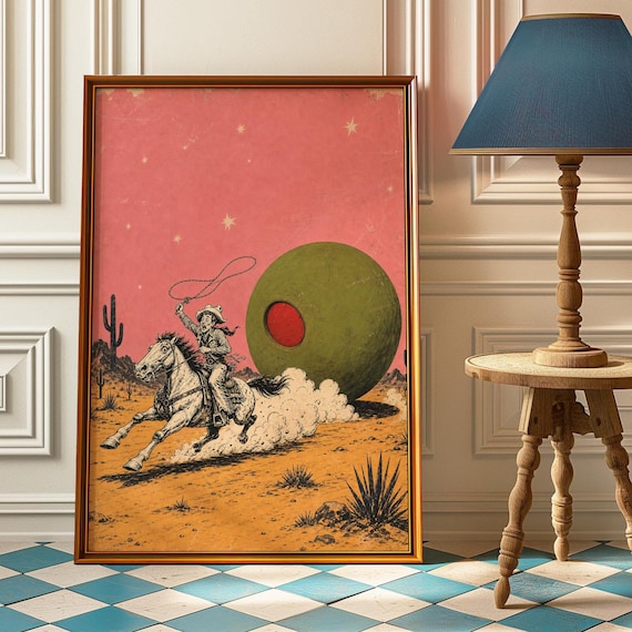 Cowboy Lasso Olive Poster Funny Vintage Bar Wall Art Retro Western Print