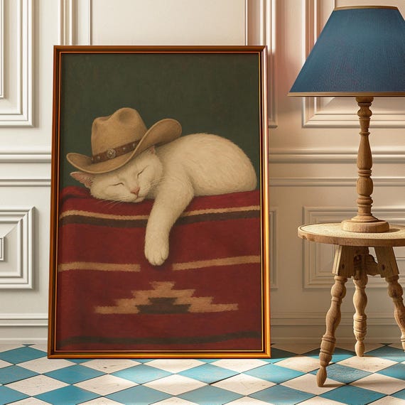 Cowboy Cat Sleeping, Vintage Western Poster Print