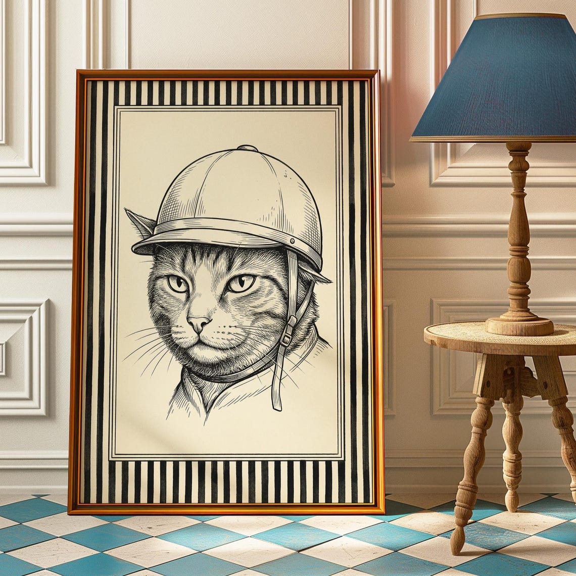 Equestrian Cat Poster Black White Riding Wall Art Modern Tabby Helmet Print Minimalist Stable Decor