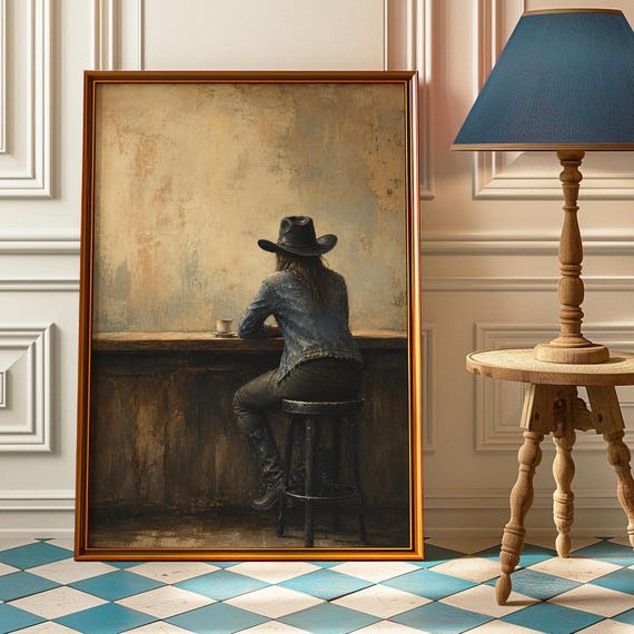 Cowgirl At Bar Poster Lonesome Western Wall Art Vintage Saloon Print Solo Painting Rustic Coffee Shop Decor Country Gift