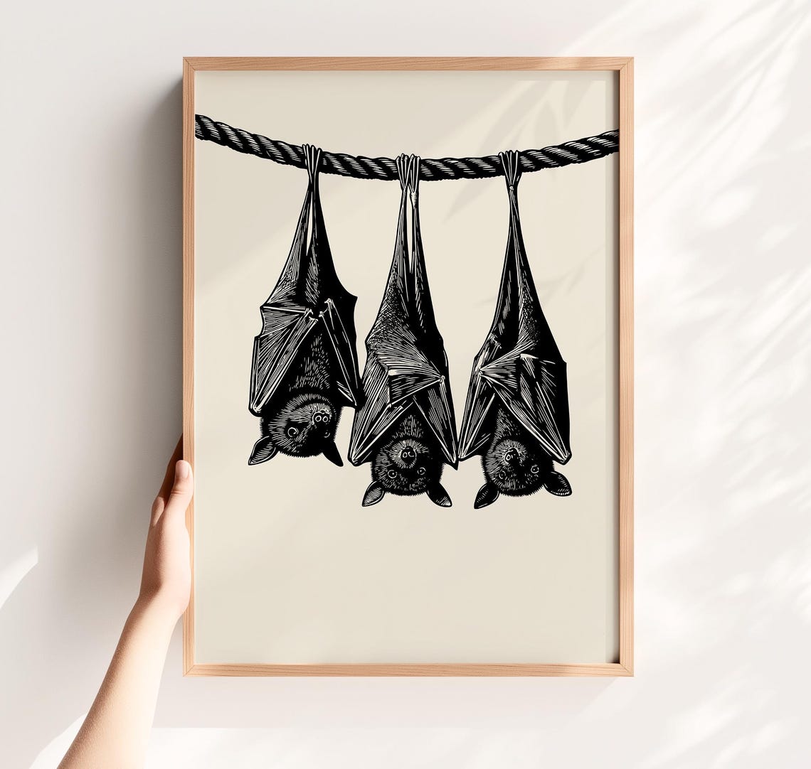 Three Bats Hanging Upside Down Vintage Gothic Halloween Poster