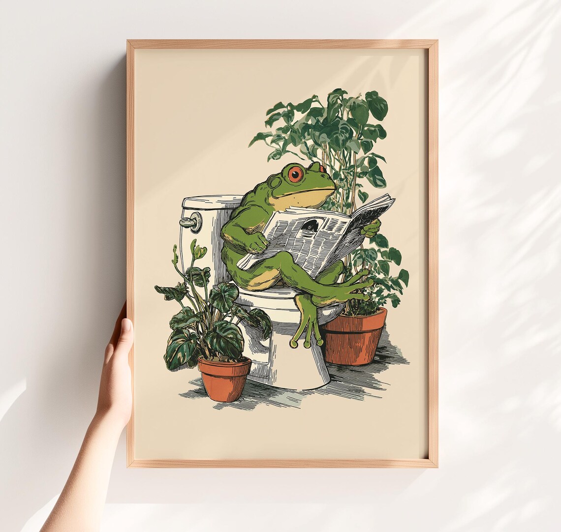 Frog on Toilet Funny Bathroom Retro Poster Print