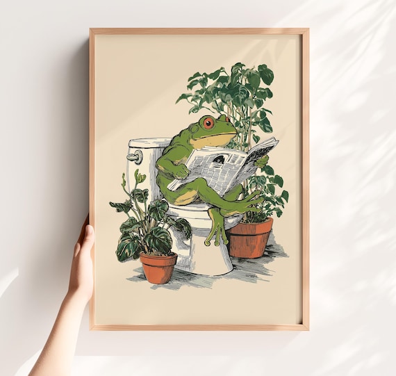 Frog on Toilet Funny Bathroom Retro Poster Print
