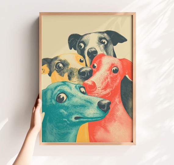 Colorful Whippet Dog Print Funny Bathroom Art Quirky Greyhound Wall Lover Poster Pop Pet Decor