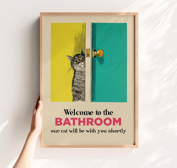 Welcome To The Bathroom Funny Cat Retro Art Print