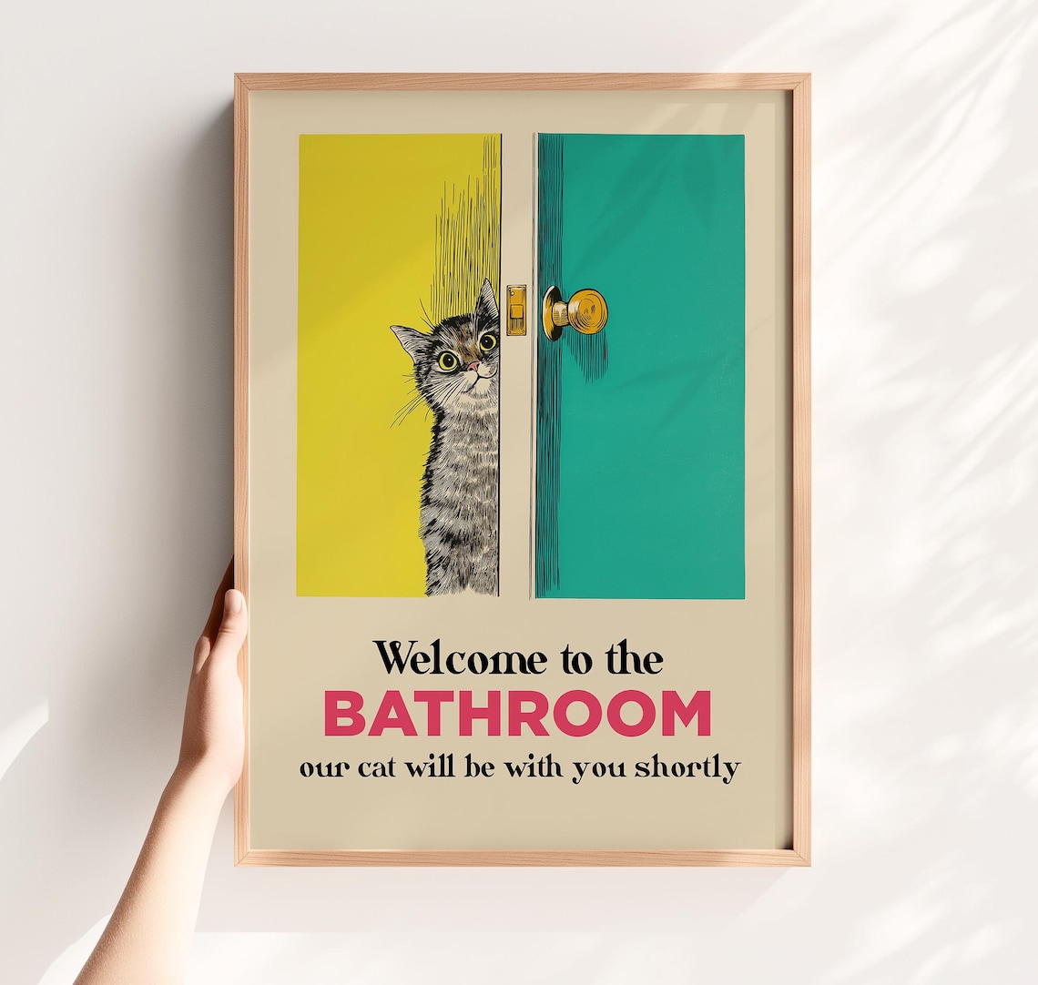 Welcome To The Bathroom Funny Cat Retro Art Print