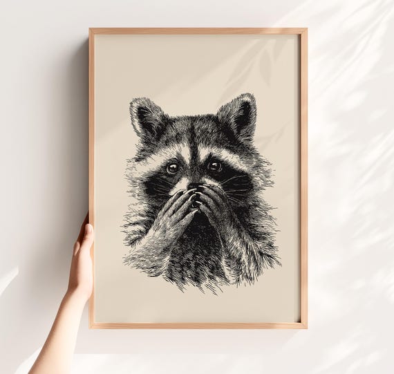 Funny Raccoon Bathroom Print Black Beige Toilet Poster