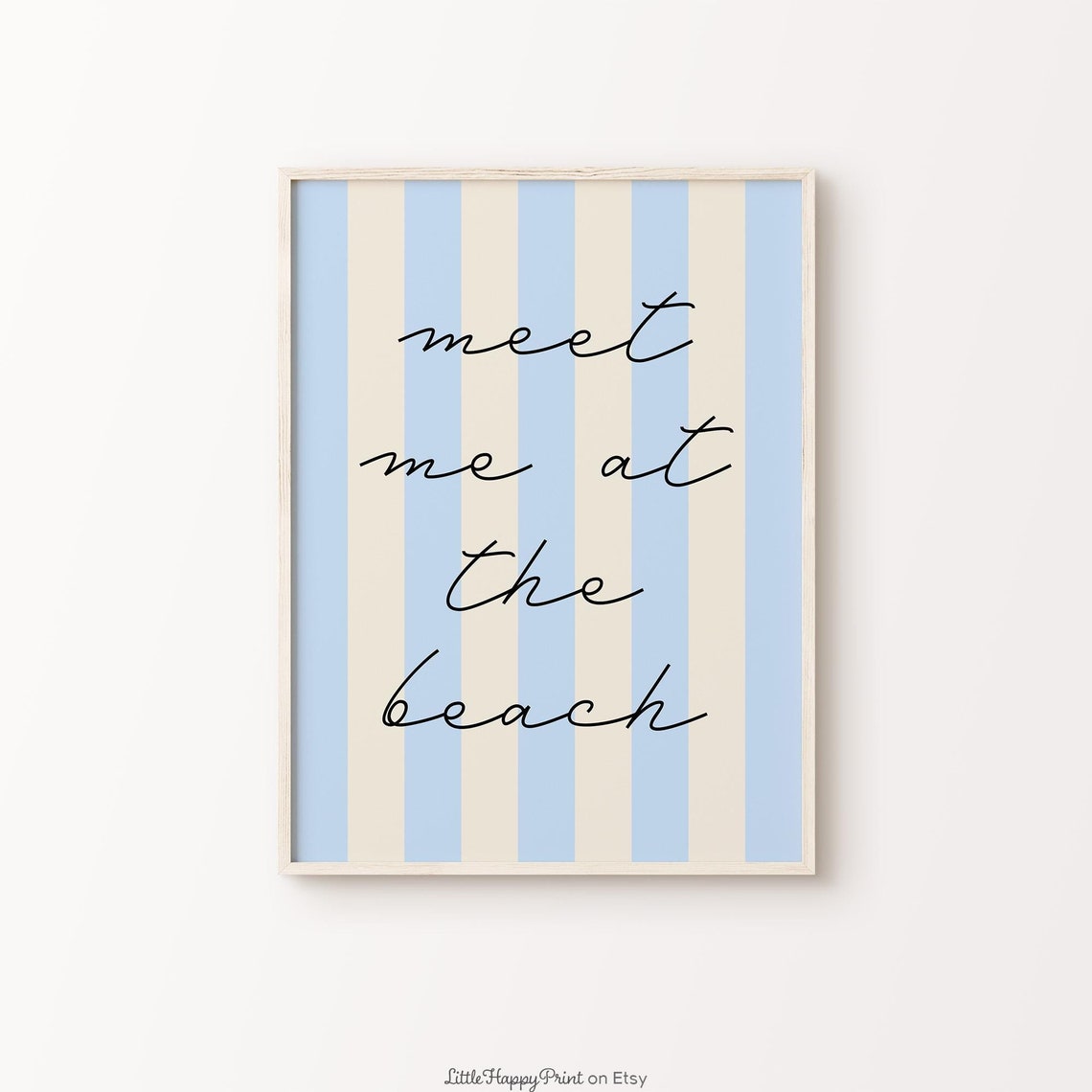 Meet Me at the Beach Script Blue Striped Coastal Quote Poster