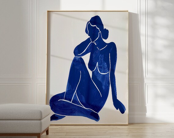 Cobalt Blue Seated Woman Minimalist Modern Figure Poster Art